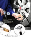 Tough 24cm Tire Inflator Hose with Two Locked-In Air Chucks for Schrader Valves, rubber hose in use with tire pressure gauge.