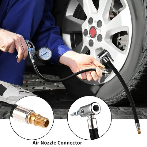 Tough 24cm Tire Inflator Hose with Two Locked-In Air Chucks for Schrader Valves, rubber hose in use with tire pressure gauge.