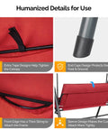 Details of outdoor porch swing with adjustable canopy, red cushions, powder-coated steel frame, and end cap protection.