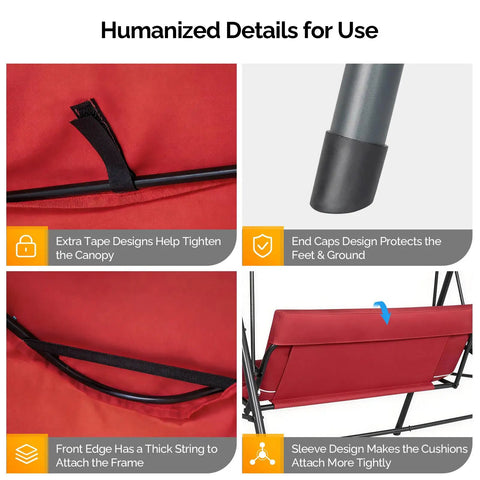 Details of outdoor porch swing with adjustable canopy, red cushions, powder-coated steel frame, and end cap protection.