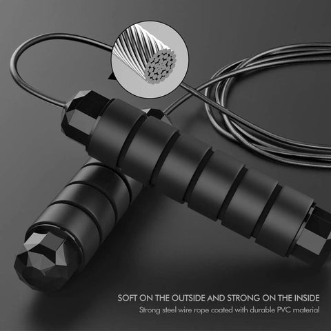 Close-up of the Tangle Free Rapid Speed Jump Rope with ball bearings, steel cable, and foam handles, showcasing durable PVC coating.