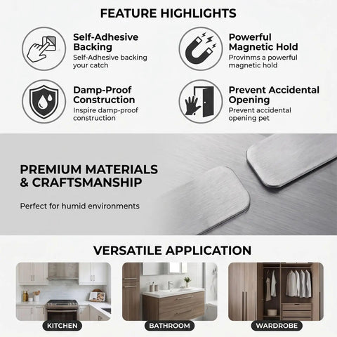 Adhesive Stainless Steel Magnetic Cabinet Door Catch Easy Install No Drill With 15 Pound Hold For Kitchen Bathroom Wardrobe And RV Drawers Magnets For Cabinets feature highlights and applications.