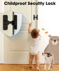 Childproof security lock on door with playful child and dog nearby, featuring a black sliding barn door lock hardware.