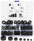 Nylon Insert Hex Lock Nuts Set Of 220 Pieces Carbon Steel Black Lock Nuts With Hex Drive displayed in transparent case compartments
