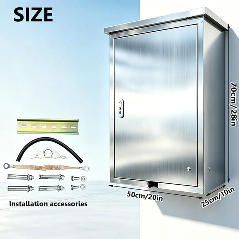 Heavy Duty Waterproof Stainless Steel EV Charger Lock Box with installation accessories and size dimensions displayed.