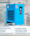 Industrial Refrigerated Air Dryer With R134a Cooling For Air Compressors 35 CFM 0.58 KW 110V 60Hz blue unit with gauge