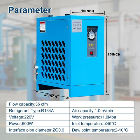 Industrial Refrigerated Air Dryer With R134a Cooling For Air Compressors 35 CFM 0.58 KW 110V 60Hz blue unit with gauge