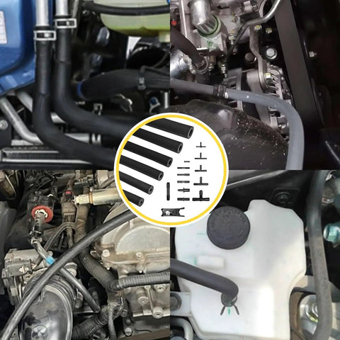 Matte Black Silicone Vacuum Hose Kit 10 Ft With 6 Pieces And 12 Sizes Includes All The Right Sizes For Vacuum Lines Durable Silicone Tubing With Vacuum Connector And Tube Cutter For Automotive Marine And Industrial Use displayed on engine setup.
