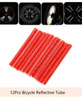 Red reflective spoke skins for 72Pcs Spoke Reflectors Set for Night Riding on bikes and motorcycles, shown on black wheel.