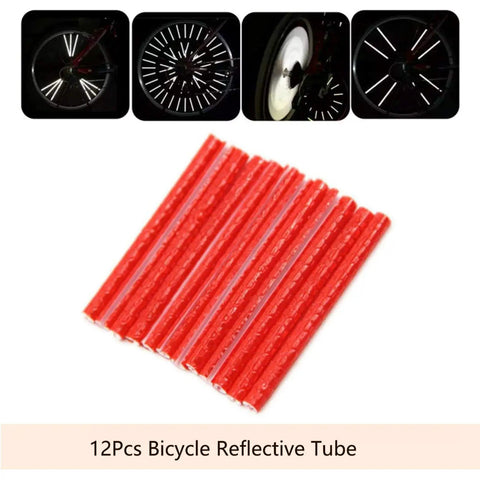 Red reflective spoke skins for 72Pcs Spoke Reflectors Set for Night Riding on bikes and motorcycles, shown on black wheel.