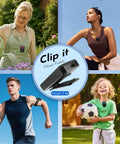 Collage showing various people using a black 64GB Clip On MP3 Player With Bluetooth 5.3 Auto Reconnect For Running And Gym Workouts.