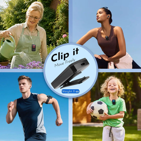 Collage showing various people using a black 64GB Clip On MP3 Player With Bluetooth 5.3 Auto Reconnect For Running And Gym Workouts.