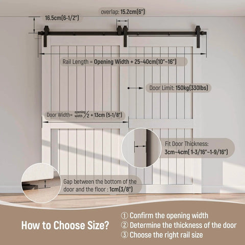 Diagram of Bypass Sliding Barn Door Hardware Kit, Single Track System, Carbon Steel, Frosted Black Finish, Easy Install, Heavy Duty