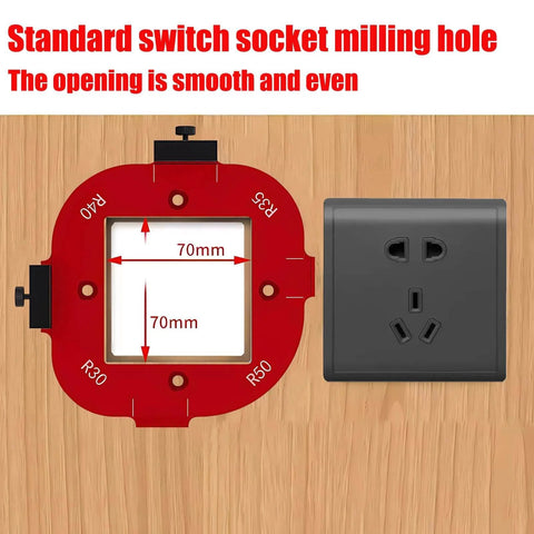 Red Aluminum 4 In 1 Rounded Corner Router Template Kit displaying R30 to R50 arc sizes next to a standard switch socket.
