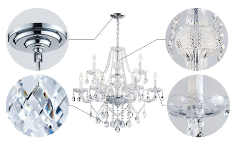 Close-up details of Nine Light Modern Crystal Glass Chandelier Pendant Ceiling Light Fixture With Glass Droplets, 28 Inch Wide 28 Inch High
