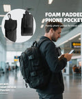 Man wearing Heavy Duty Tactical Backpack For Men Waterproof Military Style Daypack With MOLLE System For Hiking Camping Travel Bug Out Bag 3 Day Pack Black Durable Gear Carrier in airport.