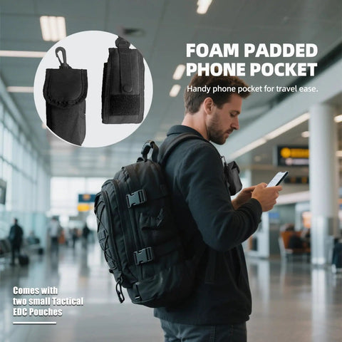 Man wearing Heavy Duty Tactical Backpack For Men Waterproof Military Style Daypack With MOLLE System For Hiking Camping Travel Bug Out Bag 3 Day Pack Black Durable Gear Carrier in airport.