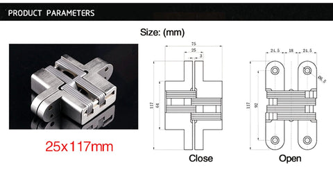 Stainless Steel 304 Hidden Hinge With Silent Close For Doors, Concealed Mount Folding Door Hardware, dimensions 25x117mm