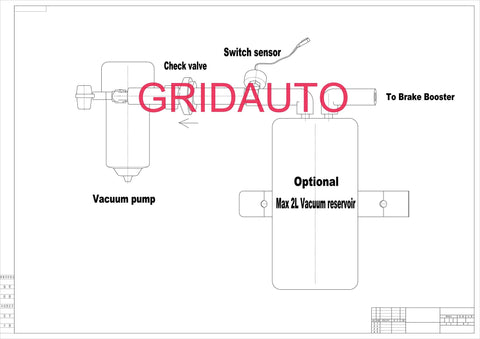 TMaster 12V brake booster vacuum pump kit diagram showing vacuum pump, check valve, switch, and optional reservoir.