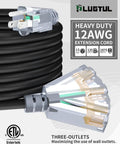 Close-up of 25ft Heavy Duty Outdoor Extension Cord With 3 Outlets, 12 Gauge 3 Prong Waterproof Cable with lighted ends.