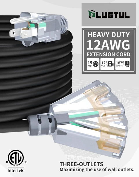 50 Ft Outdoor Extension Cord With 3 Outlets Heavy Duty 12 Gauge 3 Prong Waterproof Lighted End 15A 12AWG 1875W SJTW ETL Listed Great For Garage Garden Home Black