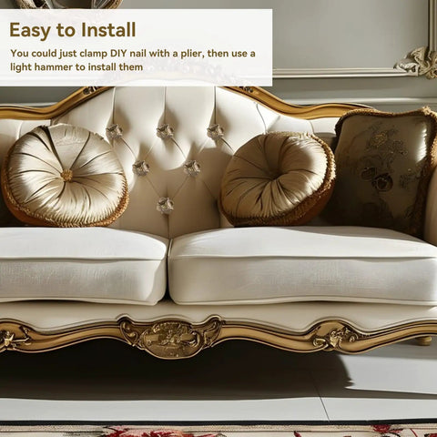 Top Shelf Heavy Rust Proof Vintage Upholstery Tacks 20 Piece Set Knockout Flower Design Hardware Nails For Total Room Makeovers And Handy Furniture Redo Without Sweat on a vintage styled sofa.