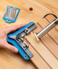 Branding Iron Alignment Jig For Woodworking Four Point Positioning For A Straight Square Brand Every Time Rubber Grip Reduces Heat Transfer Easy Pro Grade Setup For Crisp Clean Marks in use with hand stabilizing wood.