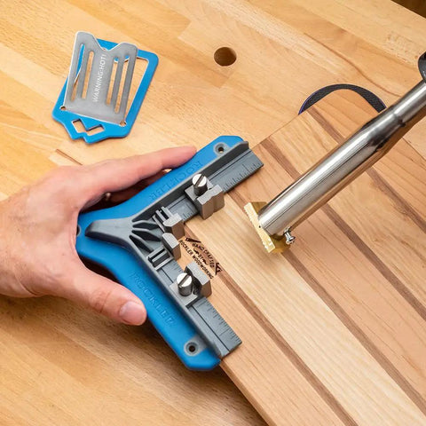 Branding Iron Alignment Jig For Woodworking Four Point Positioning For A Straight Square Brand Every Time Rubber Grip Reduces Heat Transfer Easy Pro Grade Setup For Crisp Clean Marks in use with hand stabilizing wood.