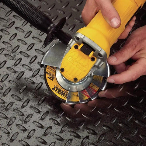Powerful 9 Amp Four And A Half Inch Angle Grinder With Paddle Switch And 12,000 RPM Motor in use on metal surface