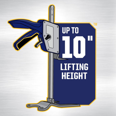 IRWIN Quick-Lift construction jack illustration with blue badge reading 10-inch lifting height