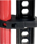 Jack handle keeper clamp for Hi-Lift and other jacks; black plastic band around red metal jack handle.
