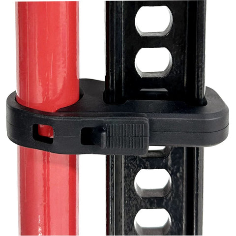 Jack handle keeper clamp for Hi-Lift and other jacks; black plastic band around red metal jack handle.