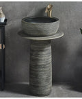 Next Level Ceramic Bathroom Sink And Vessel Basin Combo With Matching Faucet Kit And Drain Prep For Indoor Outdoor Install Heavy Duty Porcelain Vanity Setup Handmade Artisan Fixtures in modern bathroom setting with gray tones.