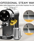 No Fuss Twenty Bar Semi Automatic Espresso Machine With Slick Touch Panel Controls And Solid Milk Frother Steam Wand, 360° turn steam wand.