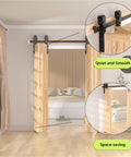 52 Inch Bifold Barn Door Hardware Kit For 4 Bifold Doors Black Finish installed in a room, showcasing folding push-pull system.