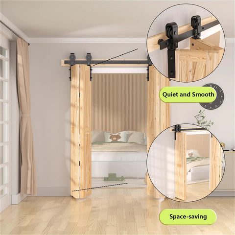52 Inch Bifold Barn Door Hardware Kit For 4 Bifold Doors Black Finish installed in a room, showcasing folding push-pull system.