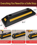 Beefy Two Pack Heavy Duty Rubber Wheel Stops For Garage Parking with reflective strip, shown with installation steps.
