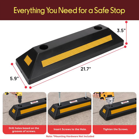 Beefy Two Pack Heavy Duty Rubber Wheel Stops For Garage Parking with reflective strip, shown with installation steps.