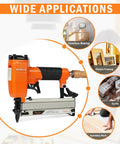 Ultra Lightweight Pneumatic Pin Nailer For Custom Woodworking, Featherweight Aluminum Build With Slim Anti Jam Nose, showcased in use for various applications.