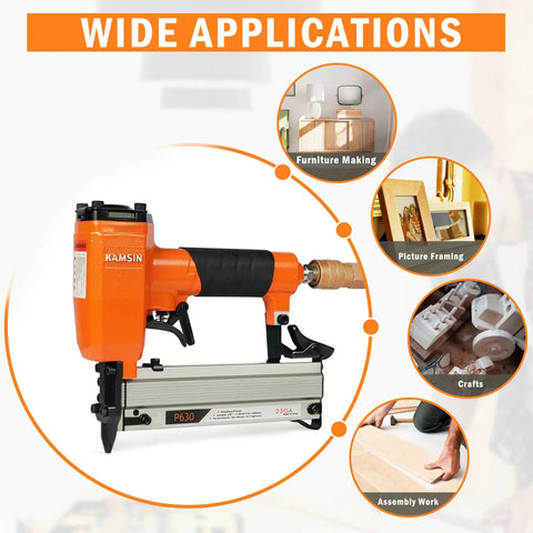 Ultra Lightweight Pneumatic Pin Nailer For Custom Woodworking, Featherweight Aluminum Build With Slim Anti Jam Nose, showcased in use for various applications.