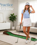 Woman using Indoor Putting Green With Automatic Ball Return All In One Golf Mat With Putter Holder Two Golf Balls Marking Tool.