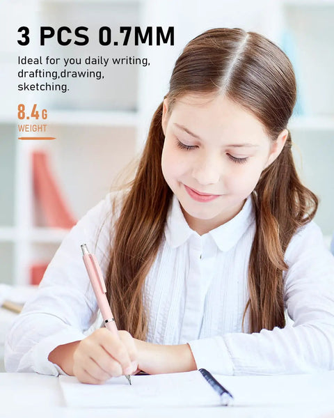 Girl writing with Cute 0.7mm Mechanical Pencil Set With Case, pastel pink pencil, suitable for drafting, drawing, studying.