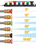 Front view of 7-tip pressure washer nozzle set with holder; color-coded angles 0°,15°,25°,40°,65° and soap nozzle; 1/4 in quick-connect
