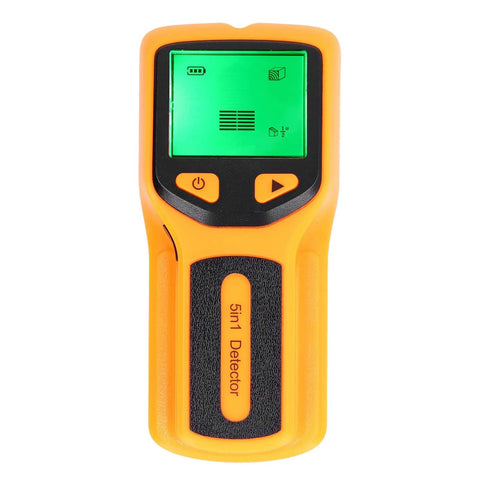 Greensen Stud Finder Wall Scanner 5 in 1 with HD LCD Display for Wood & AC Wire Detection (Yellow) front view with buttons and display.
