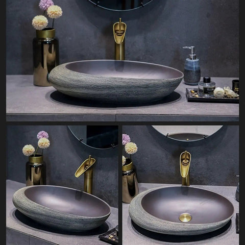 USZWBY Vanity Sink Basin High-Grade Retro Bathroom Sinks Hotel Washbasin Basin Ceramic Countertop Basin with gold faucet.