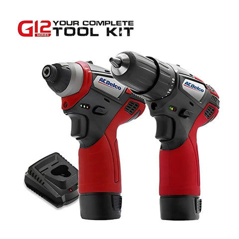 Heavy Duty Cordless Three Tool Combo Kit Featuring Power Drill Driver Snappy Impact Driver And Socket Ratchet With Two Swap Out Batteries For Weekend Warriors, showing red power drill and impact driver.