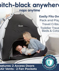 Mother placing baby in Portable Blackout Tent For Pack And Play Sleep Pod That Blocks 98 Percent Of Light with two-door access