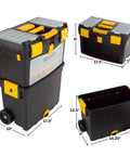Rolling Tool Box With Wheels And Foldable Comfort Handle Removable Top And Deep Bottom Storage Stackable Organizers With 24 Compartments Two Removable Trays Cable Hooks For On The Go Tasks, dimensions shown in inches