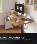 71 Inch Electric Standing Desk With Height Adjustable Sit Stand System Built In Power Outlet 3 Piece Desktop 1.38 Inch Thick Rustic Brown For Home Office Conference Room displayed with computer and accessories.