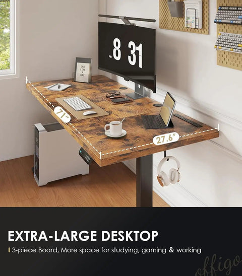 71 Inch Electric Standing Desk With Height Adjustable Sit Stand System Built In Power Outlet 3 Piece Desktop 1.38 Inch Thick Rustic Brown For Home Office Conference Room displayed with computer and accessories.